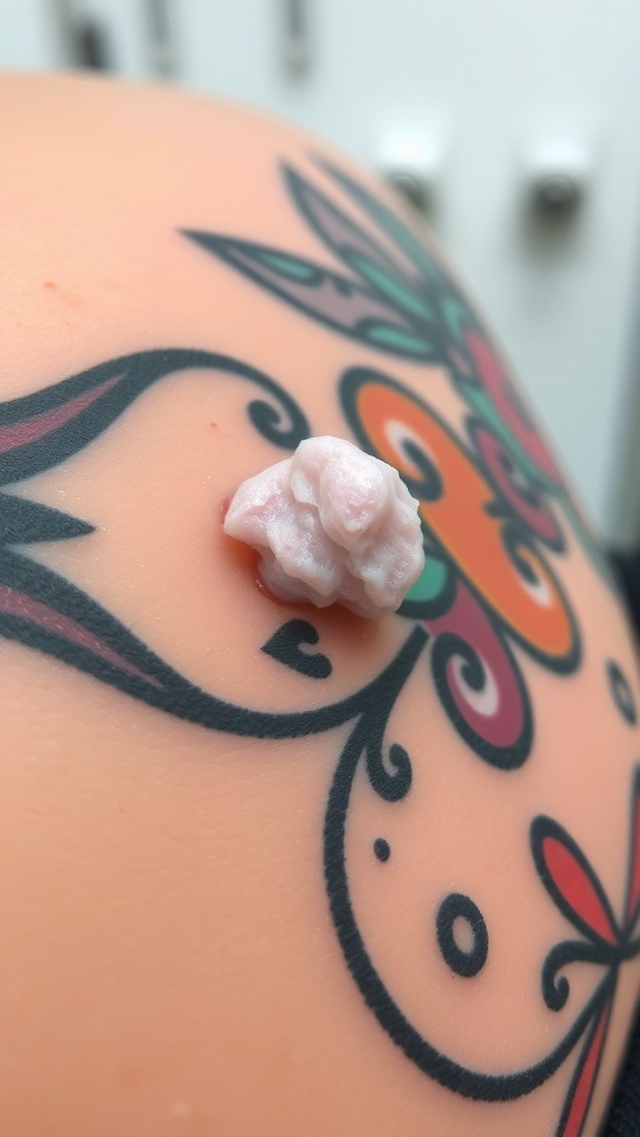 Close-up of a tattoo with crusting during the healing process.
